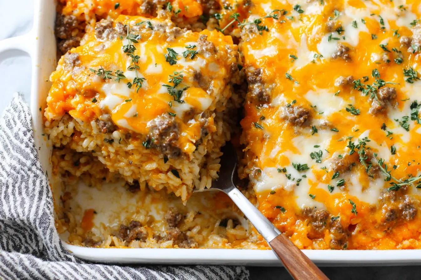 Butternut Squash Casserole With Ground Beef & Rice sliced and lifted from baking dish showing layered rice and cheese