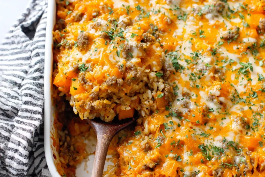 Close up of Butternut Squash Casserole With Ground Beef & Rice being served with a wooden spoon showing cheesy texture