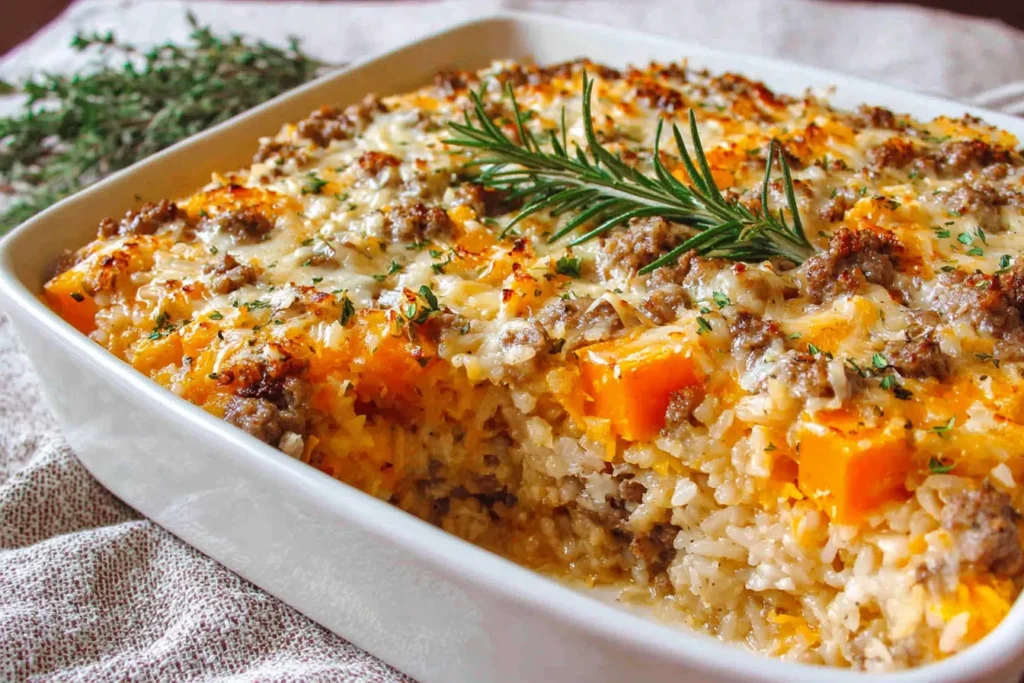 Butternut Squash Casserole With Ground Beef & Rice baked in a white casserole dish topped with melted cheese and fresh rosemary