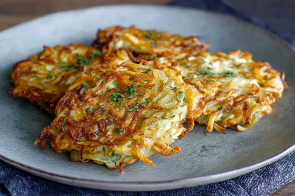 Cabbage Fritters Recipe served on a plate with golden crust and herbs