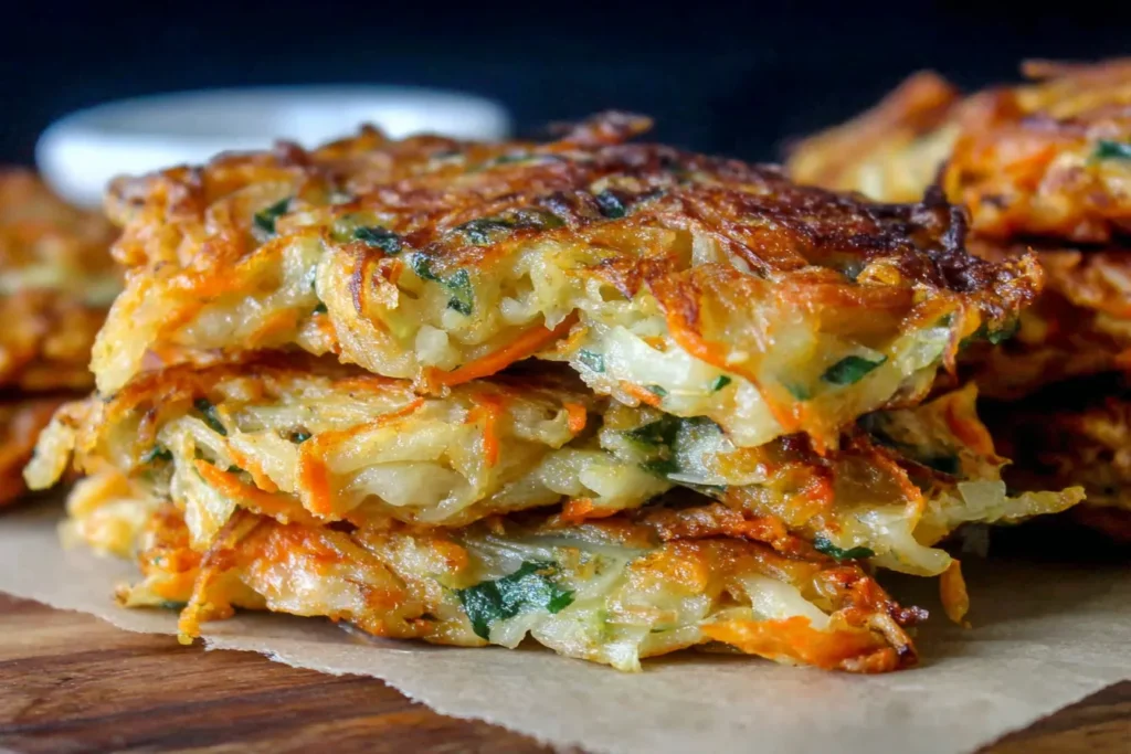 Cabbage Fritters Recipe stacked high showing crispy edges and tender cabbage inside