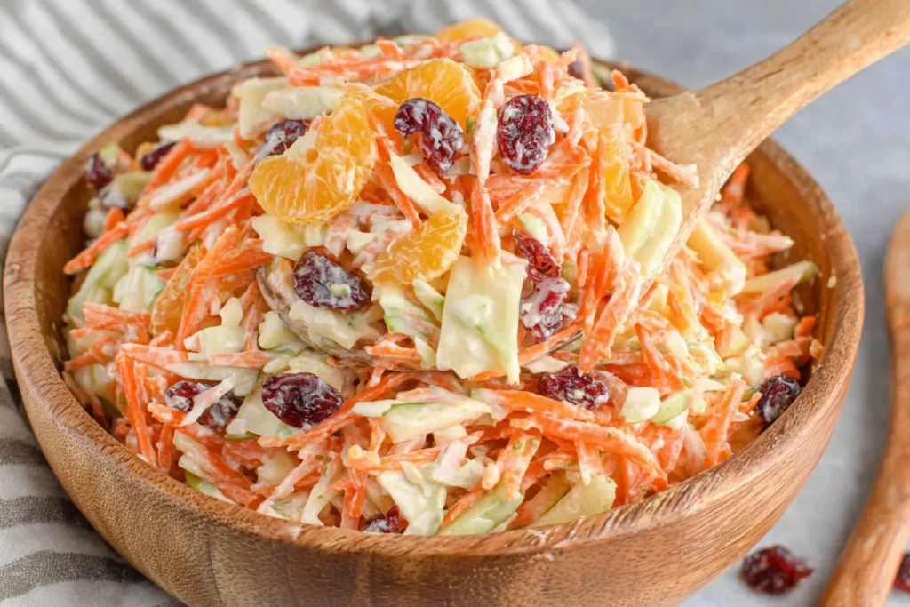 Fresh Carrot Apple Salad with mandarin oranges and cranberries in wooden bowl