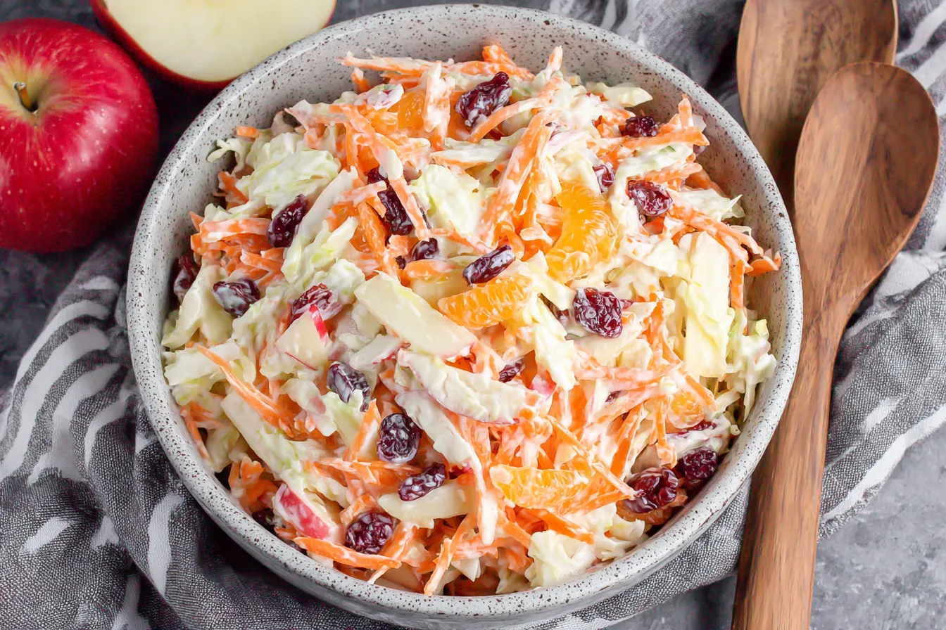 Homemade Carrot Apple Salad with apples and cranberries in ceramic bowl