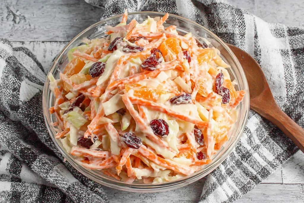 Creamy Carrot Apple Salad with mandarins and cranberries in a glass bowl