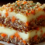 Carrot Cake Cream Cheese Bars stacked with a creamy cheesecake-like swirl, spiced carrot cake layers, and a crumb topping.