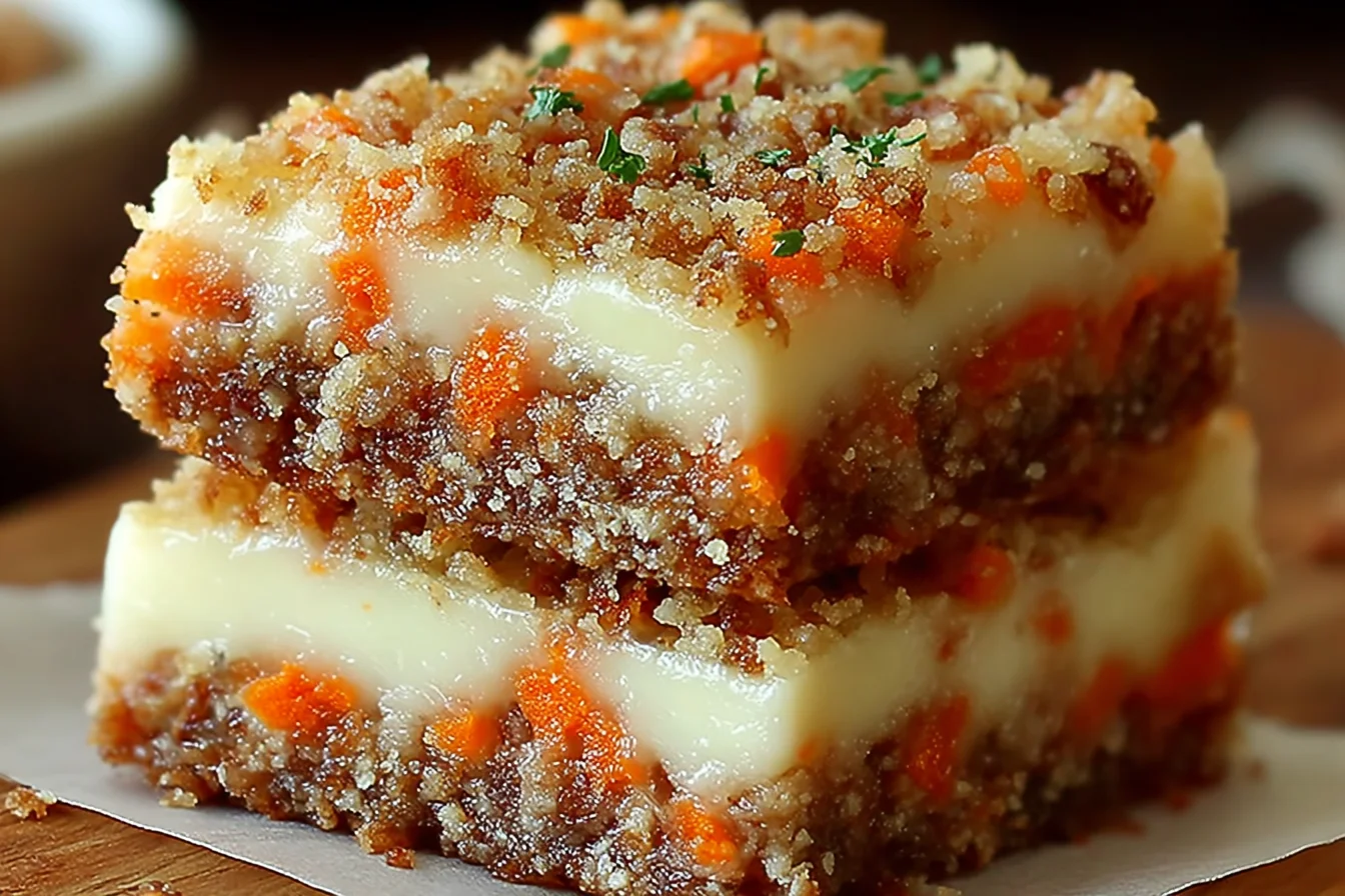 Carrot Cake Cream Cheese Bars stacked with a creamy cheesecake-like swirl, spiced carrot cake layers, and a crumb topping.
