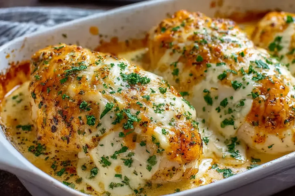 Cheesy Sour Cream Chicken Bake close-up in a casserole dish with creamy sauce, golden browned top, and parsley sprinkled over juicy chicken.