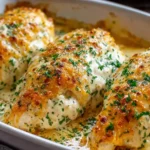 Cheesy Sour Cream Chicken Bake in a baking dish with golden cheddar topping, creamy sauce, and parsley garnish.