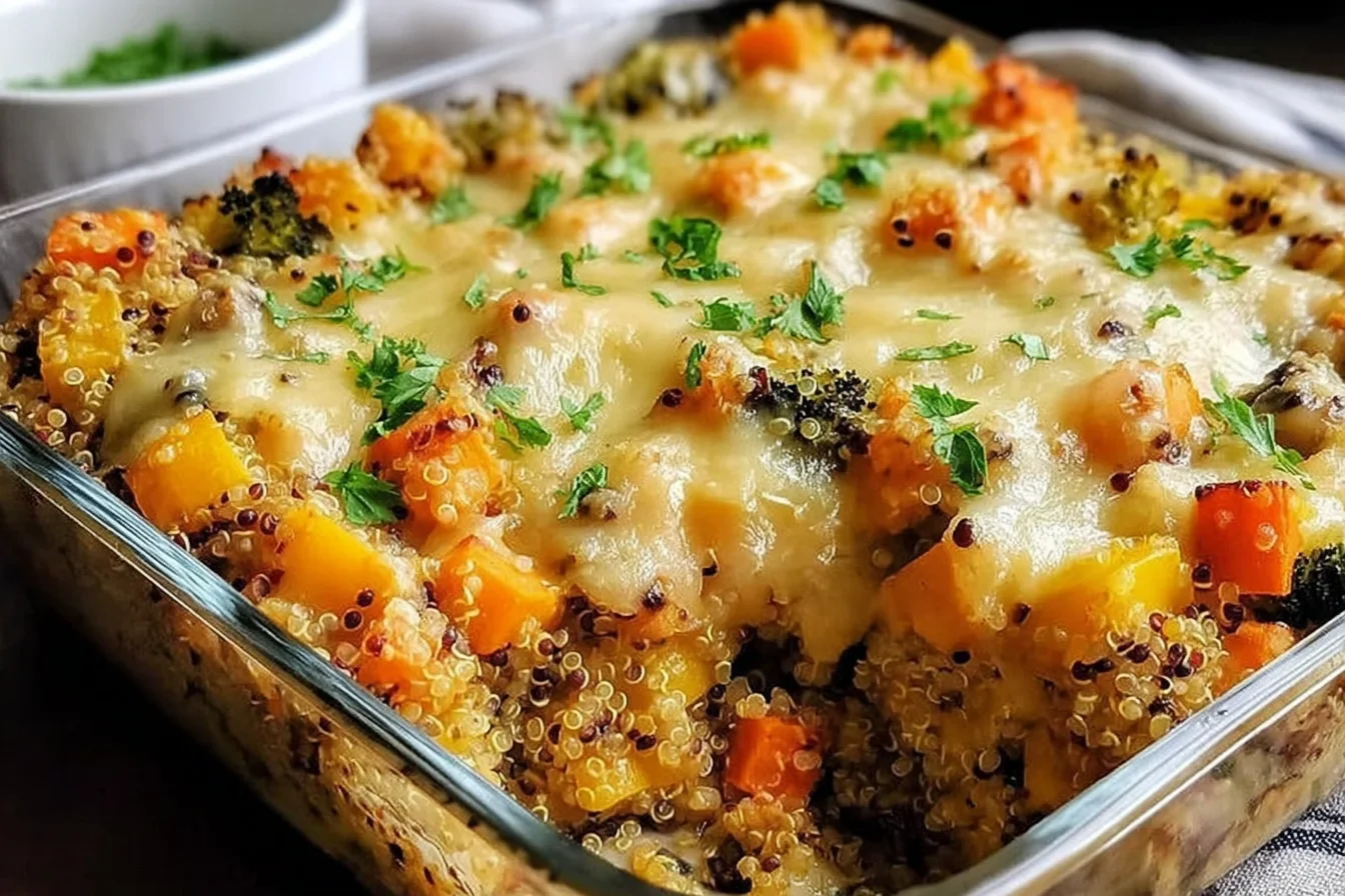 Cheesy Veggie Quinoa Casserole in a glass baking dish with melted cheese, broccoli, peppers, and carrots, topped with fresh parsley.