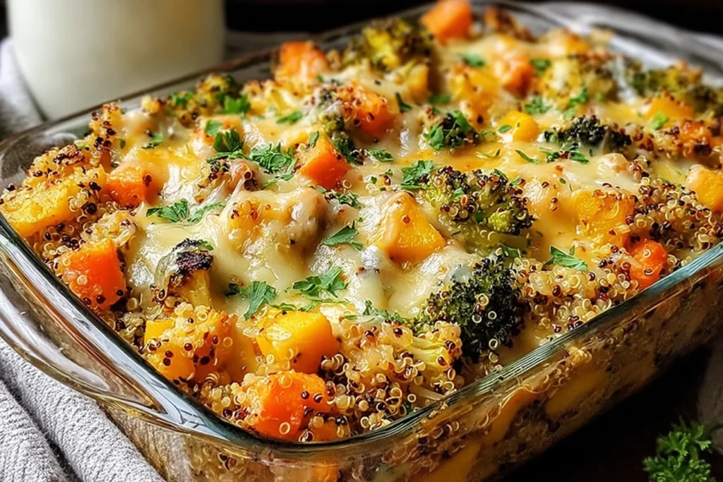 Cheesy Veggie Quinoa Casserole baked in a glass dish with melted cheese, fluffy quinoa, broccoli, carrots, and bell peppers, topped with parsley.