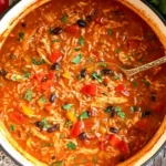 Chicken Fajita Soup in a Dutch oven with shredded chicken, rice, black beans, bell peppers, and cilantro in a rich tomato broth.