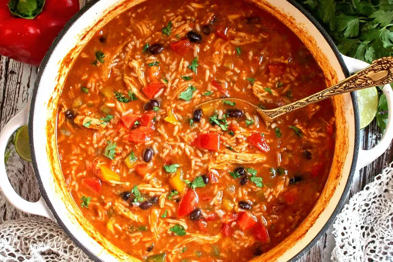 Chicken Fajita Soup in a Dutch oven with shredded chicken, rice, black beans, bell peppers, and cilantro in a rich tomato broth.