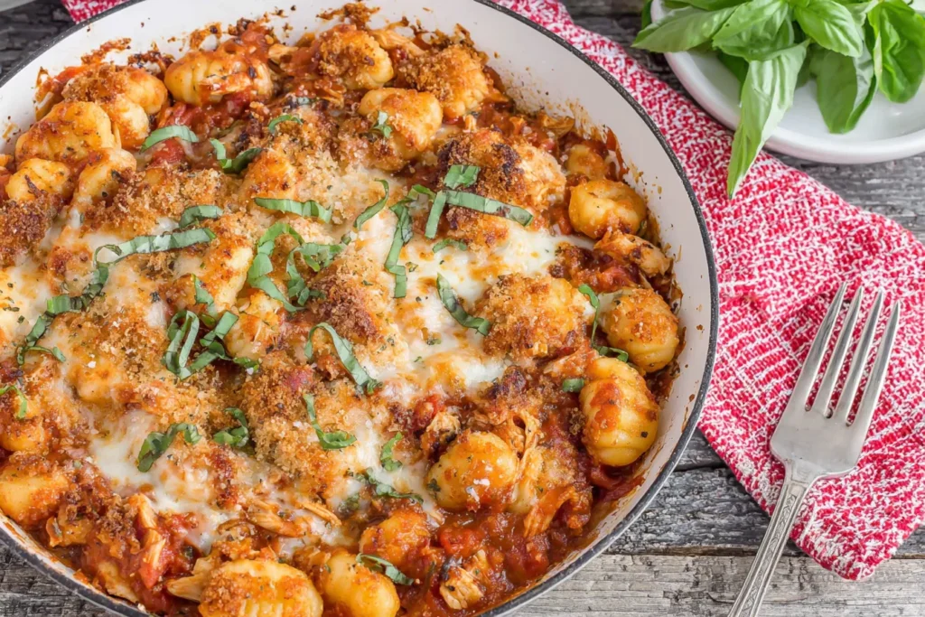 Skillet Chicken Parmesan Gnocchi with mozzarella cheese, basil, tomato sauce, and crispy panko topping