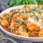 Chicken Parmesan Gnocchi served in a white bowl with melted mozzarella, shredded chicken, tomato sauce, and crispy breadcrumb topping