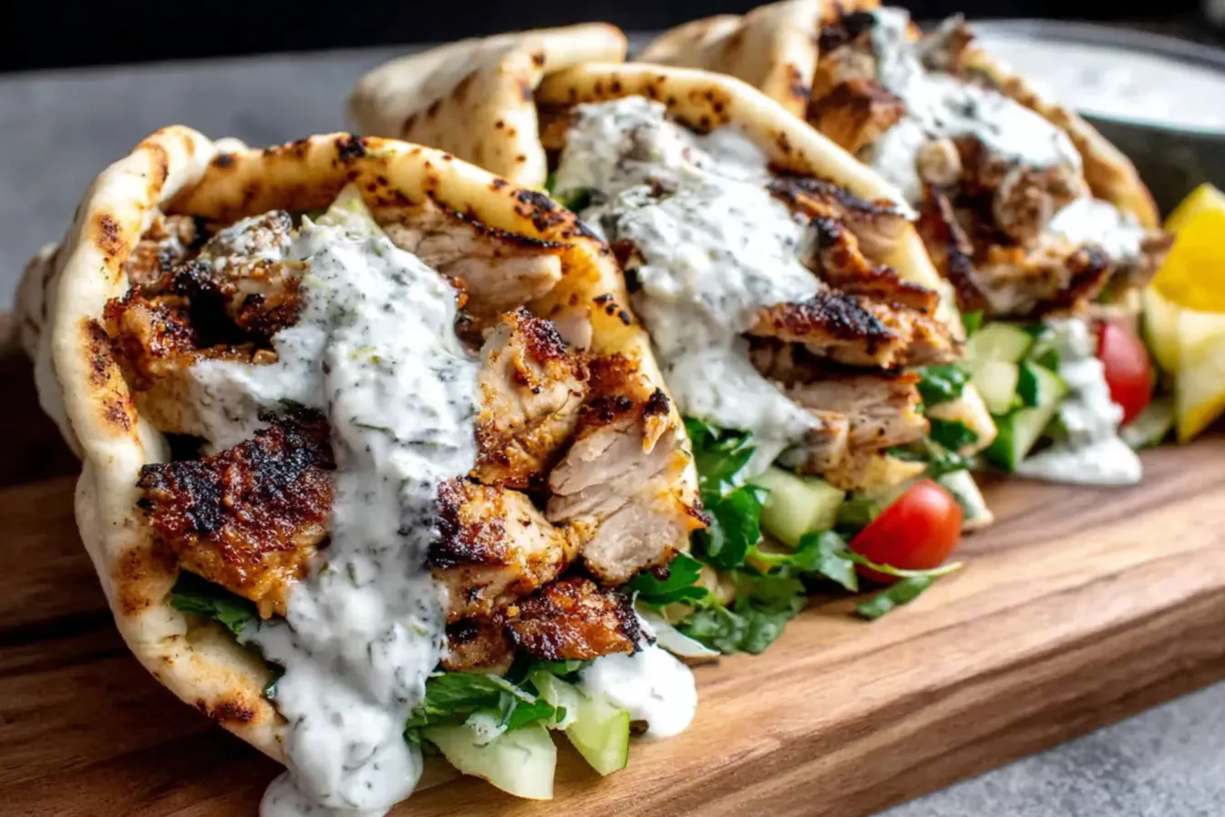 Chicken Shawarma with Garlic Sauce wrapped in warm pita bread