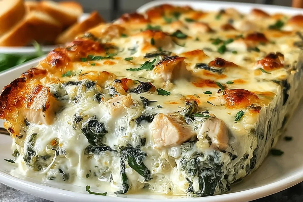 Chicken and Spinach Casserole with Cream Cheese, creamy and bubbly with golden melted mozzarella, tender chicken chunks, and spinach on a white plate.