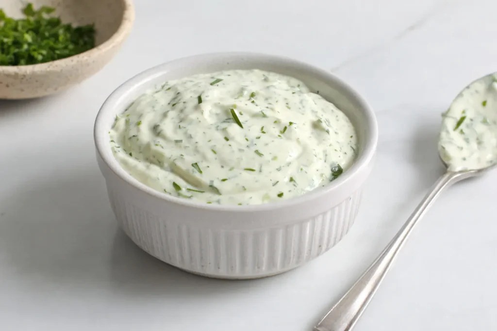 Smooth Cilantro Lime Crema dip in a white bowl with silver spoon
