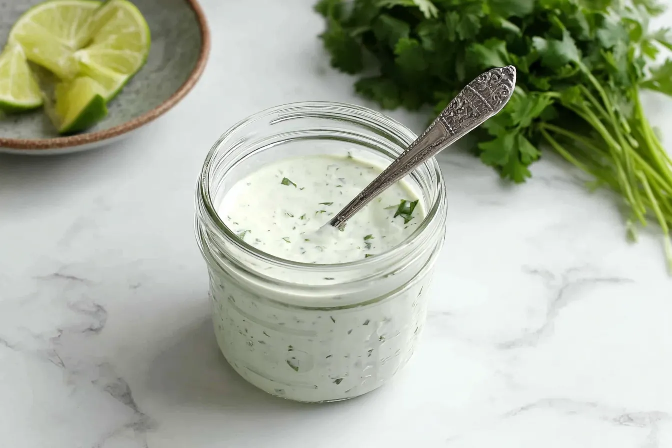 Fresh Cilantro Lime Crema in a glass jar with lime wedges and cilantro