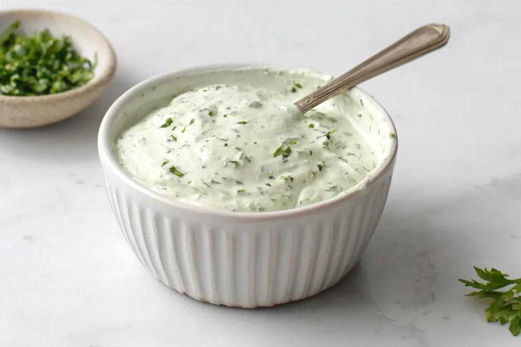 Creamy Cilantro Lime Crema in a white ramekin with fresh herbs and a spoon