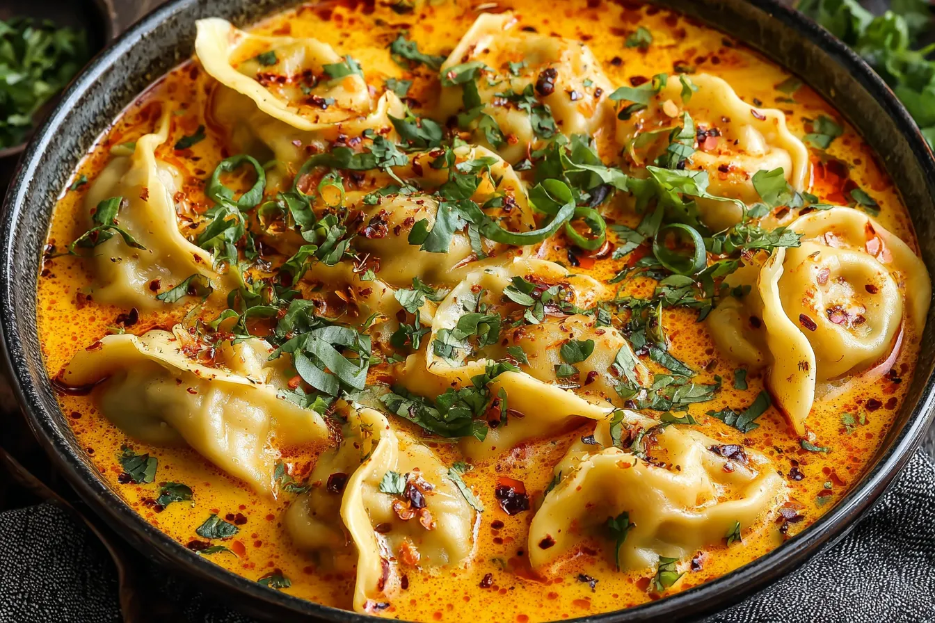 Coconut Curry Soup with Dumplings topped with scallions, cilantro, and chili oil in a rustic black bowl