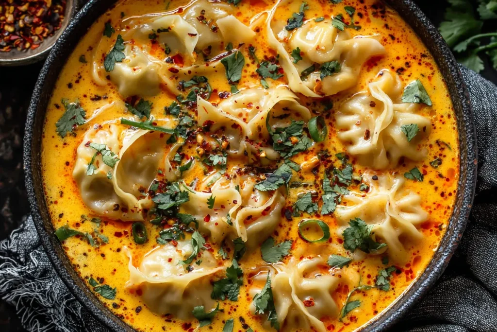 Coconut Curry Soup with Dumplings served hot with golden coconut broth, dumplings, cilantro, and red pepper flakes