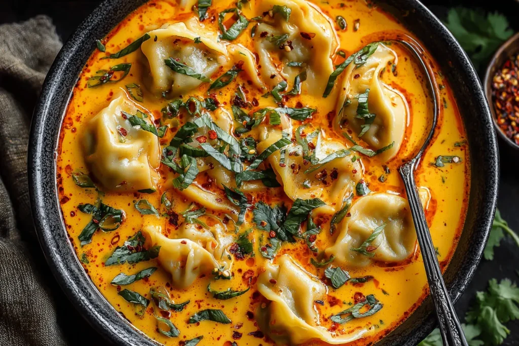 Coconut Curry Soup with Dumplings in a creamy coconut curry broth topped with chili oil, fresh herbs, and tender dumplings