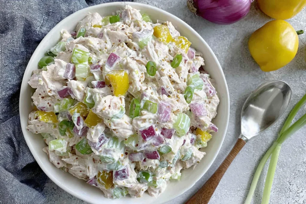 Cottage Cheese Chicken Salad with Banana Peppers in a white bowl with celery, red onion and green onions