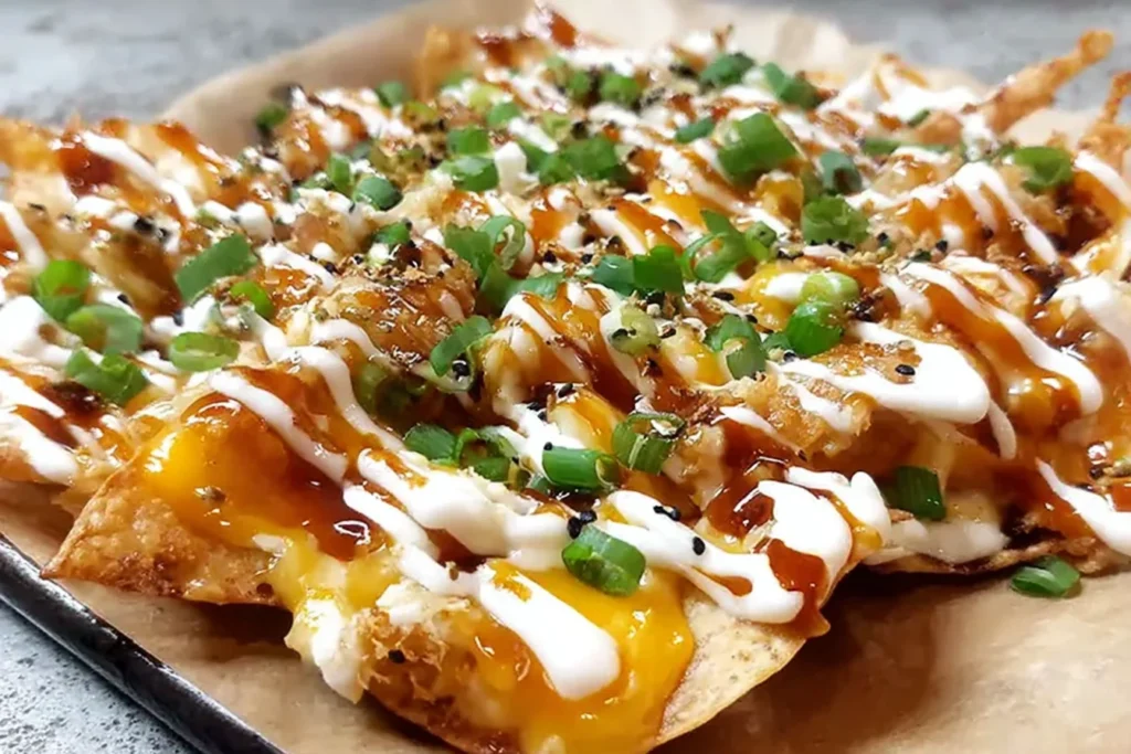 Crab Rangoon Nachos on crispy wonton chips with creamy crab topping, sweet-and-sour sauce, white drizzle, sesame seeds, and green onions.