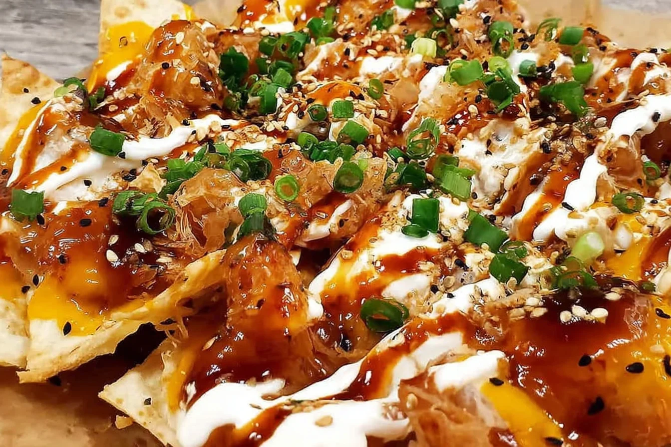 Crab Rangoon Nachos topped with creamy crab rangoon sauce, sweet-and-sour drizzle, sesame seeds, and sliced green onions on crispy chips.