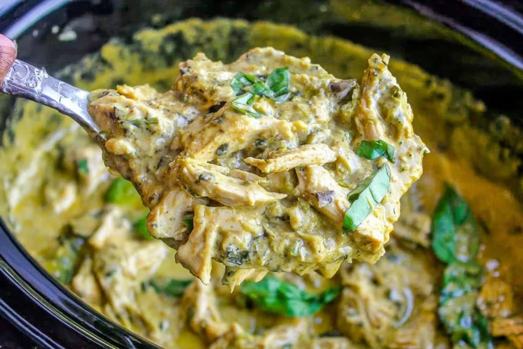 Spoonful of creamy Slow Cooker Basil Chicken Coconut Curry with shredded chicken, coconut curry sauce, and fresh basil in a crockpot.