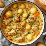 Hearty Chicken Stew simmering in a Dutch oven with tender chicken, baby potatoes, carrots, and creamy herb broth, served with crusty bread.