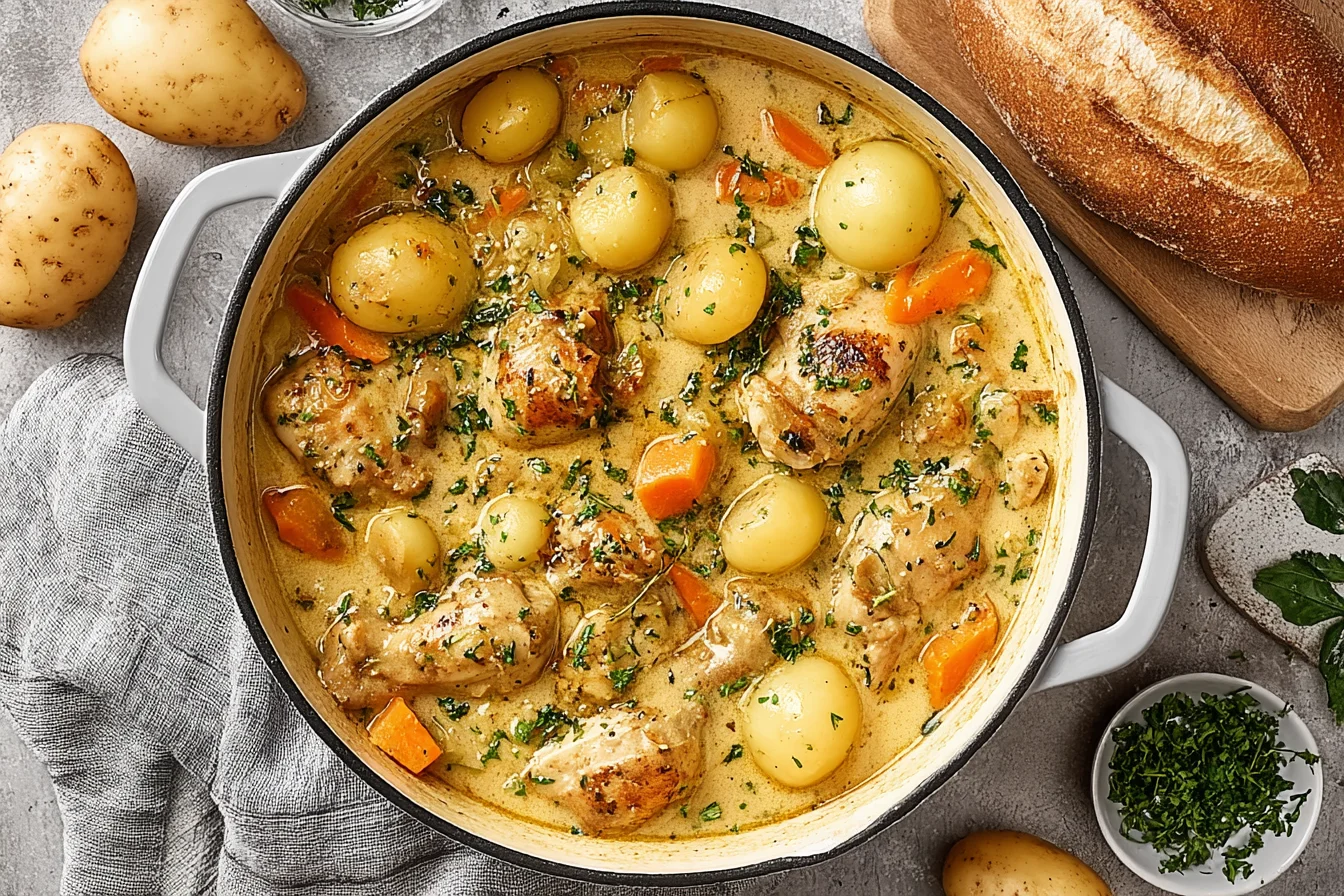 Hearty Chicken Stew simmering in a Dutch oven with tender chicken, baby potatoes, carrots, and creamy herb broth, served with crusty bread.