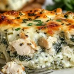 Chicken and Spinach Casserole with Cream Cheese baked golden with melty mozzarella, creamy spinach filling, and tender chicken pieces on a plate.
