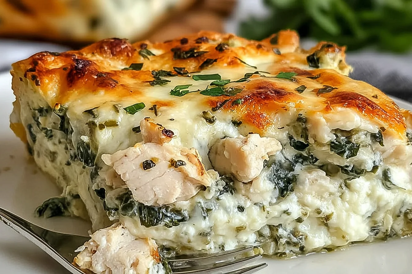 Chicken and Spinach Casserole with Cream Cheese baked golden with melty mozzarella, creamy spinach filling, and tender chicken pieces on a plate.