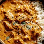 Close-up bowl of Crockpot Coconut Chicken Tikka Masala with creamy spiced coconut sauce, tender chicken, fluffy white rice, and herb garnish.