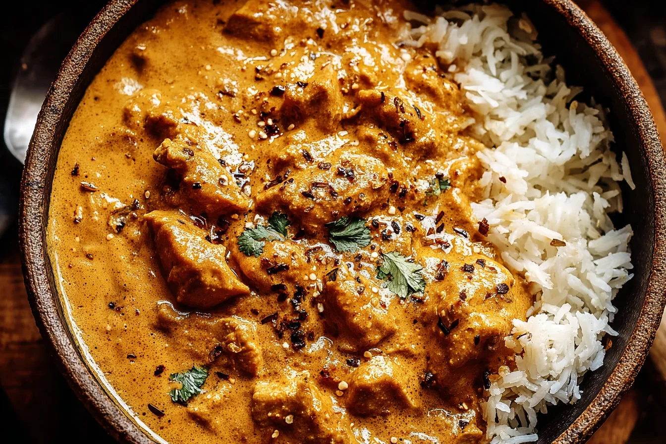Close-up bowl of Crockpot Coconut Chicken Tikka Masala with creamy spiced coconut sauce, tender chicken, fluffy white rice, and herb garnish.