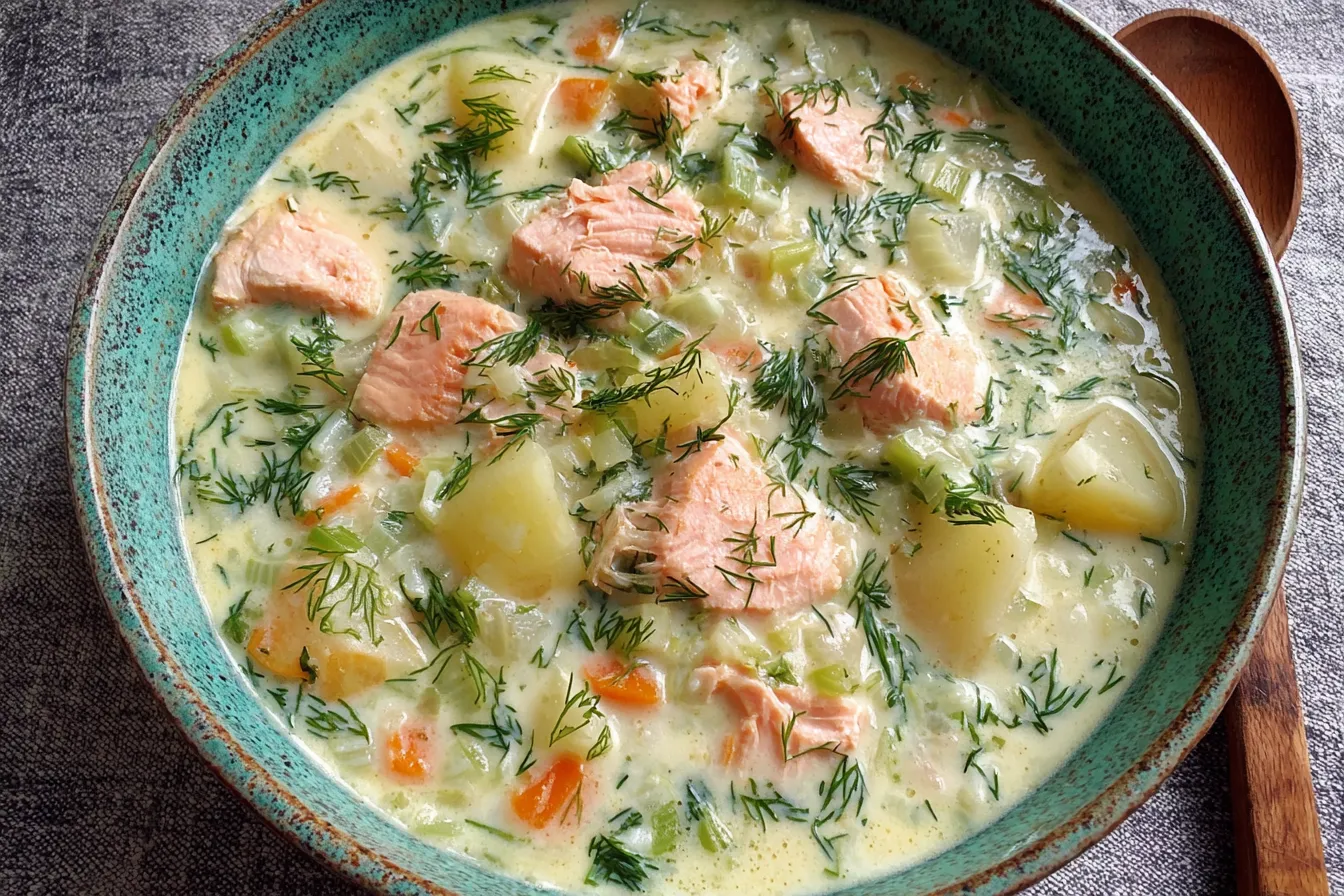 Creamy Dill Salmon Soup in a rustic bowl with salmon chunks, vegetables, and fresh dill