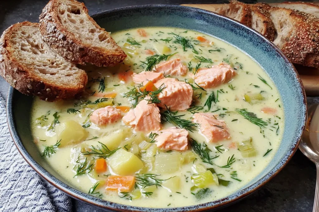 Creamy Dill Salmon Soup with tender salmon, potatoes, leeks, and fresh dill served with crusty bread