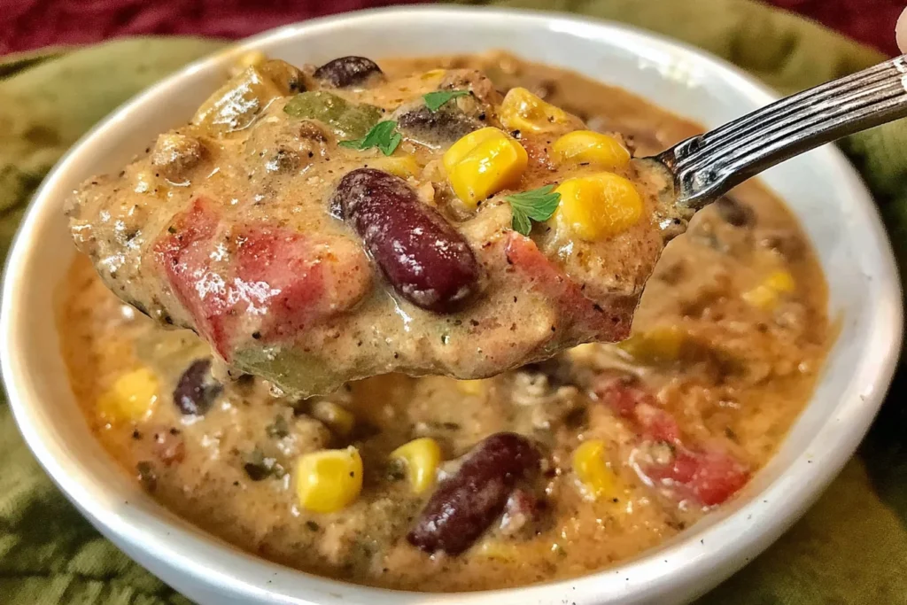Creamy High-Protein Taco Soup with ground beef, black beans, corn, and tomatoes in a rich, creamy broth served in a white bowl
