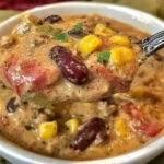 Creamy High-Protein Taco Soup with ground beef, black beans, corn, and tomatoes in a rich, creamy broth served in a white bowl