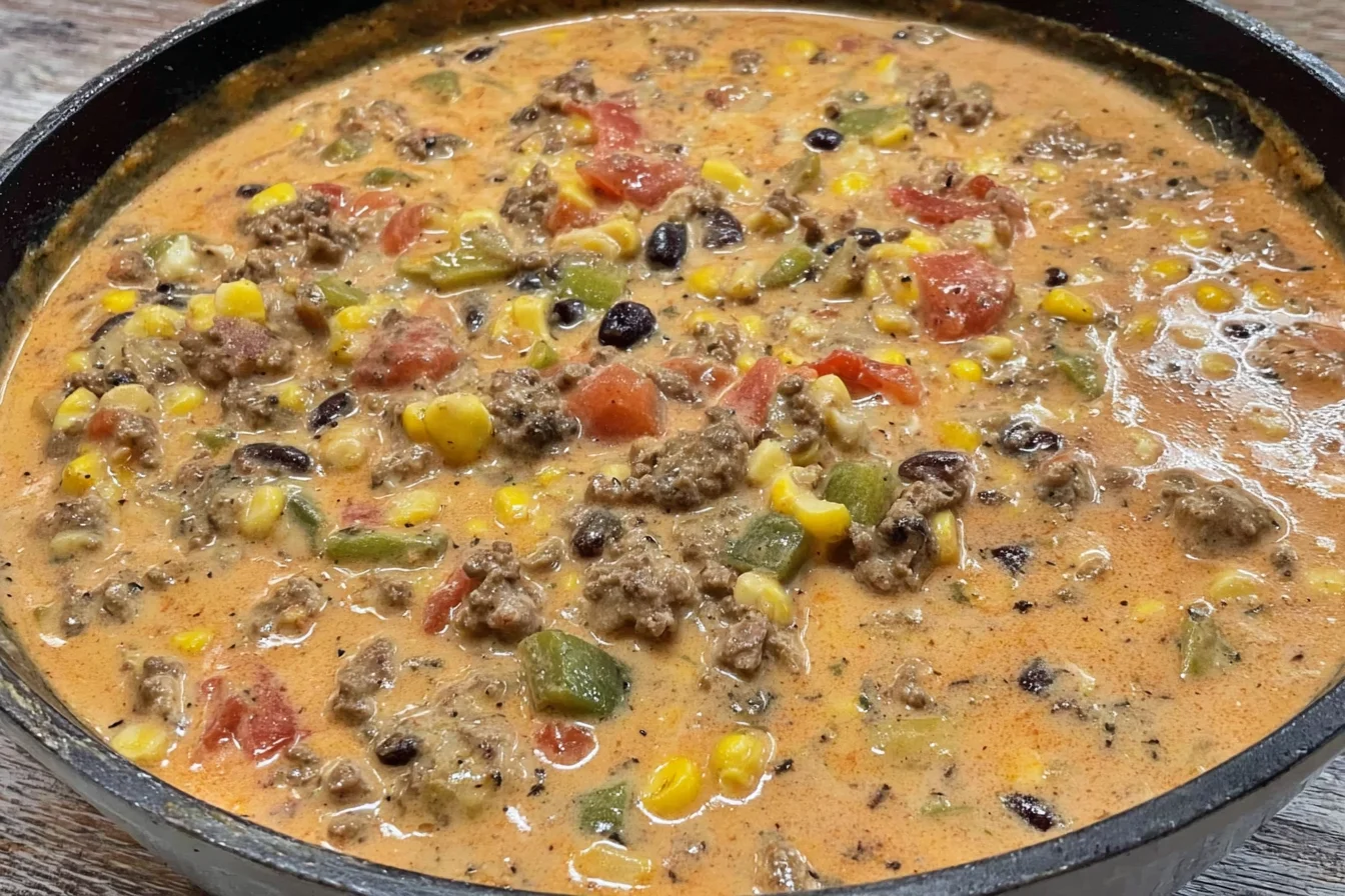 Creamy High-Protein Taco Soup simmering in a skillet with lean ground beef, black beans, corn, tomatoes, and peppers in a rich creamy broth