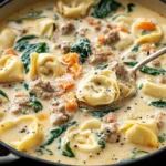 Slow Cooker Creamy Sausage & Tortellini Soup in a pot—cheesy tortellini, sausage, spinach, and carrots in a rich, creamy broth.
