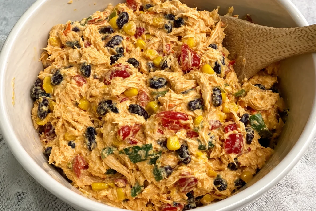 Creamy Southwestern Chicken Salad with black beans, corn, red bell pepper, and shredded chicken in a white bowl