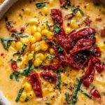 Sun Dried Tomato Corn Chowder in a bowl with sweet corn, creamy broth, herbs, and sun-dried tomatoes, served with crusty bread.