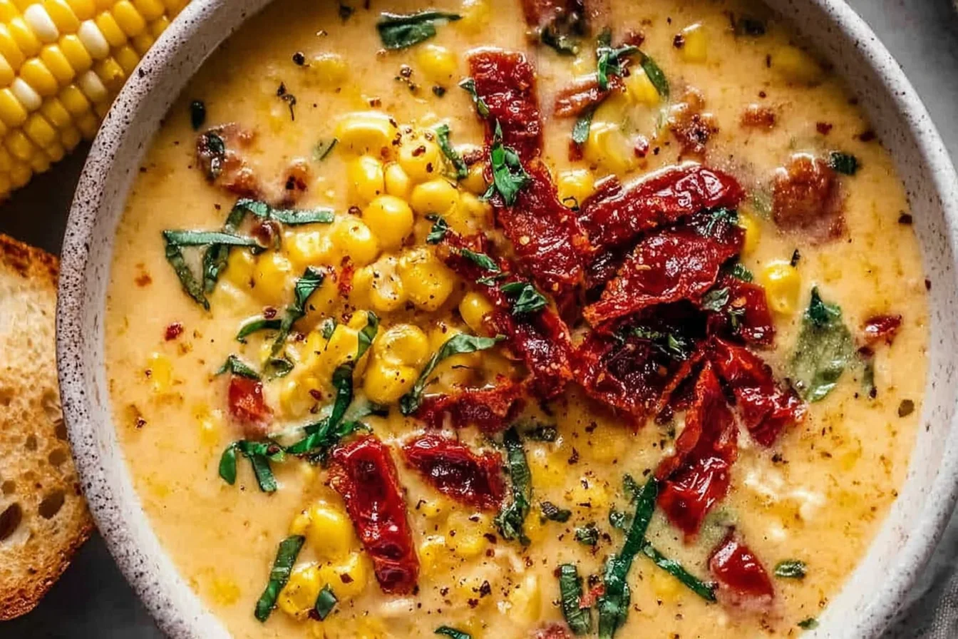 Sun Dried Tomato Corn Chowder in a bowl with sweet corn, creamy broth, herbs, and sun-dried tomatoes, served with crusty bread.