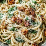 Overhead view of Creamy Tahini Pasta with Lemon, Garlic and Tofu in a rustic bowl with spinach and grated cheese