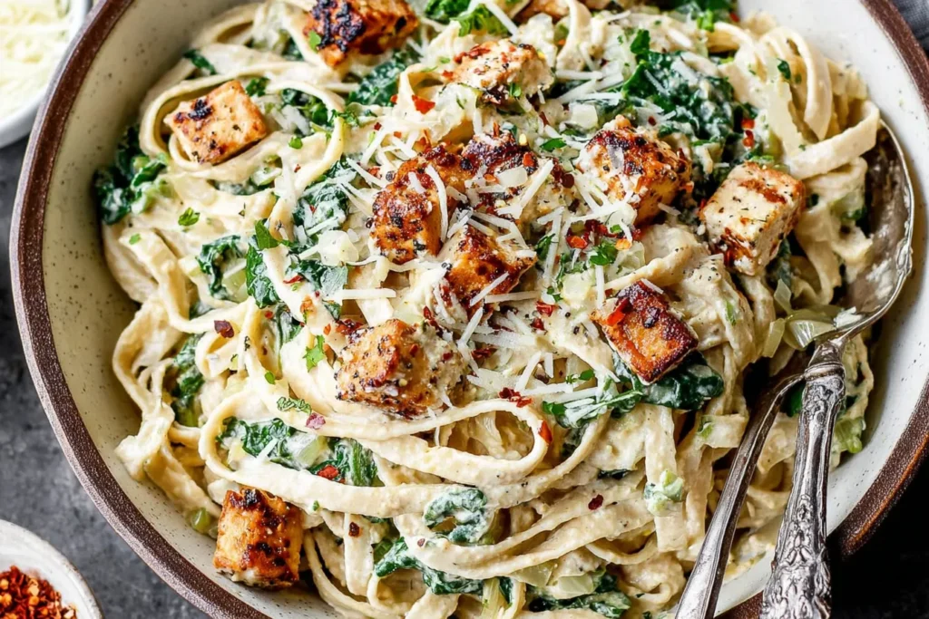 Close-up of Creamy Tahini Pasta with Lemon, Garlic and Tofu topped with red pepper flakes and parmesan-style cheese