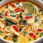 Crockpot Thai Coconut Chicken Soup in a white bowl, creamy coconut broth with shredded chicken, red chili slices, cilantro, and lime wedge.