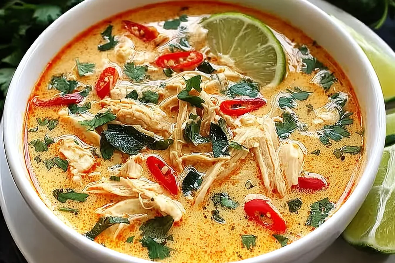 Crockpot Thai Coconut Chicken Soup in a white bowl, creamy coconut broth with shredded chicken, red chili slices, cilantro, and lime wedge.