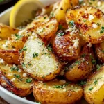 Authentic Greek Potatoes roasted until golden and crispy, tossed with lemon, garlic, oregano, and parsley in a white bowl